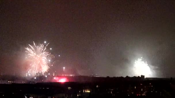 Copenhagen Denmark Barrage Fireworks City Skyline New Year Celebrations — Stock Video