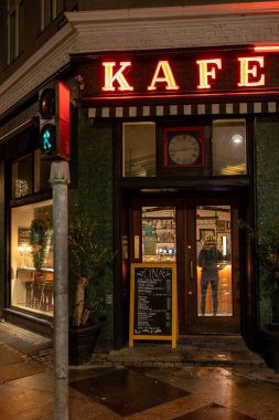Copenhagen, Denmark  A landmark cafe on Vester Voldgade in downtown at night.