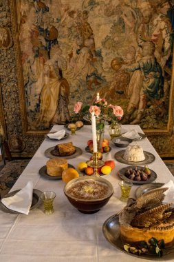 Helsingor, Denmark  A make-believe dinner setting and food at  the Royal Kronborg Castle famous for appearing in Shakespeare's Hamlet.