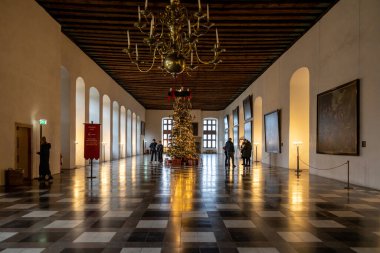Helsingor, Denmark  The great Ballroom at the  Royal Kronborg Castle, famous for appearing in Shakespeare's Hamlet, and Chritsmas decorations.