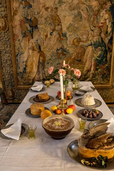 Helsingor, Denmark  A make-believe dinner setting and food at  the Royal Kronborg Castle famous for appearing in Shakespeare's Hamlet.