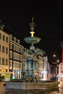 Copenhagen, Denmark The Stork fountain at night.