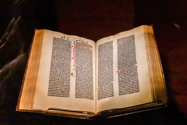 Copenhagen, Denmark The original Gutenberg Bible on display in the Danish Royal Library, or Black Diamond Library.