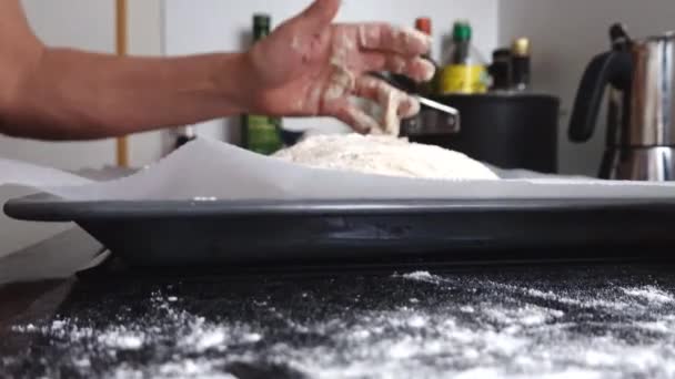 Woman Rolls Bread Dough Baking Pan — Stockvideo