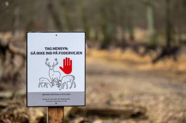 Copenhagen, Denmark Deer grazing in  the Deer Park and a sign in Danish saying: Stop. Don't feed the animals.