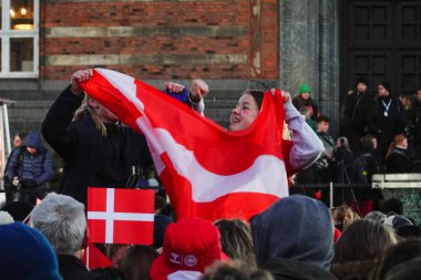 Copenhagen, Denmark Two young women supporters of the national handball team gather at City Hall to celebrate the team's third Word Cup Win