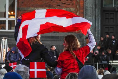 Copenhagen, Denmark Two young women supporters of the national handball team gather at City Hall to celebrate the team's third Word Cup Win