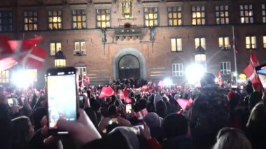 Copenhagen, Denmark Supporters of the national handball team gather at City Hall to celebrate the team's third Word Cup Win. And player  Niklas Landin Jacobsen lifts the World Cup.