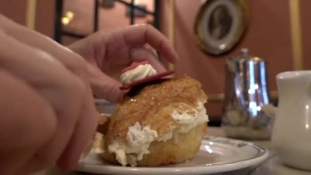 Copenhagen Denmark Person Uses Fork Cut Fastelavnsbolle Speciality Lent Pastry — Video