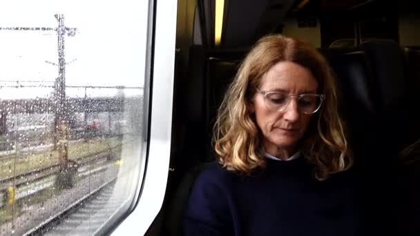 Копенгаген Дания Женщина Пассажир Датском Поезде Сидит Окна — стоковое видео