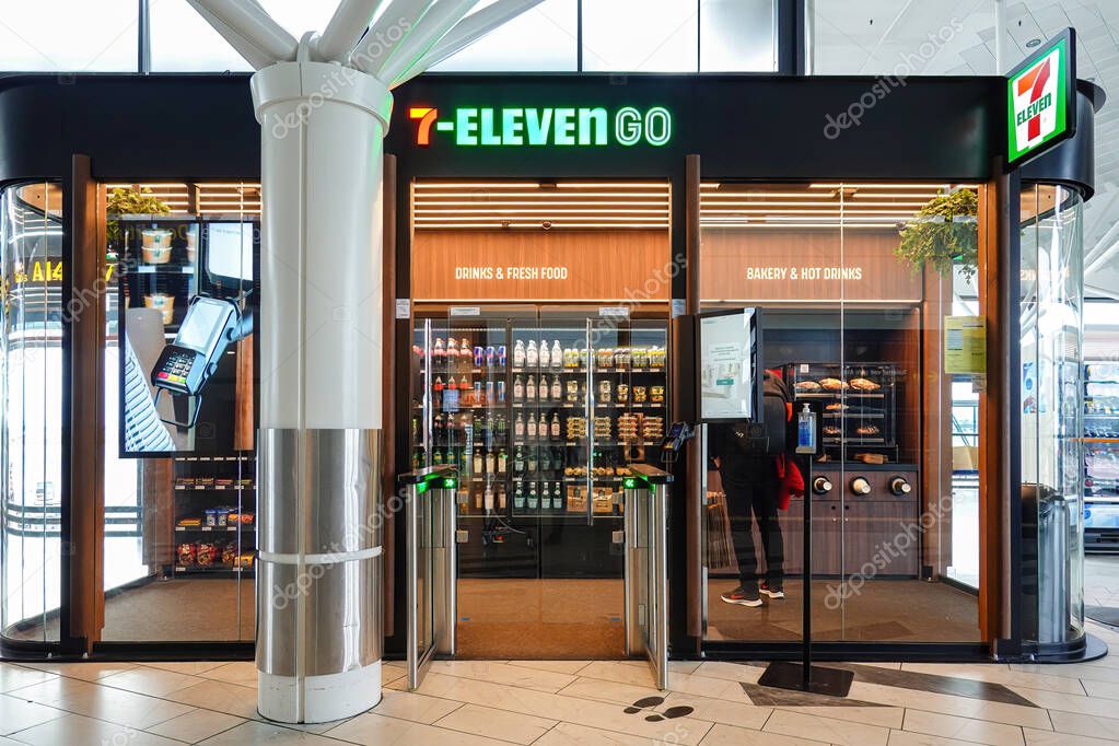 Copenhagen, Denmark A self service 7-Eleven store with automated check-out.