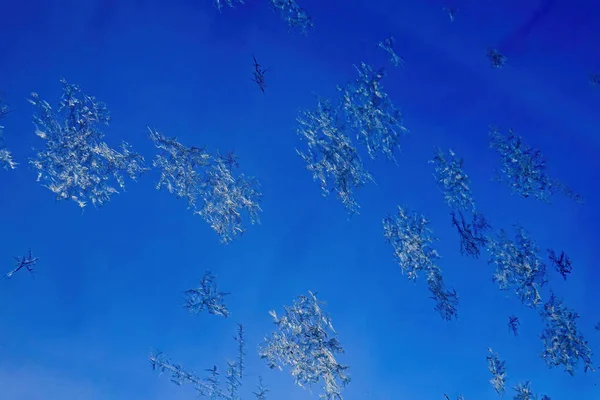 Ice Crystals Formed Balcony Window Winter Blue Sky — Stock Photo, Image
