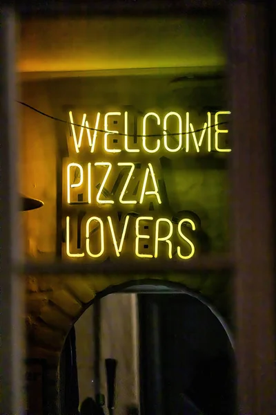 Copenhague Dinamarca Cartel Bienvenida Para Los Amantes Pizza Ventana Restaurante — Foto de Stock