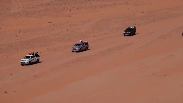 Wadi Rum Jordan Čtyři Čtyřech Pick Kamiony Jedoucí Poušti — Stock video
