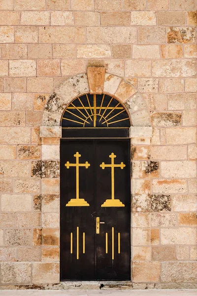 Madaba Jordania Una Puerta Fachada Entrada Iglesia Ortodoxa Griega San — Foto de Stock