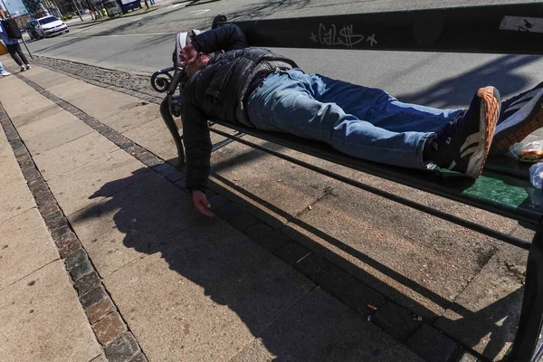 Copenhagen Denmark Drunk Man Sleeping Bench Vesterbrogade — Stock Photo, Image