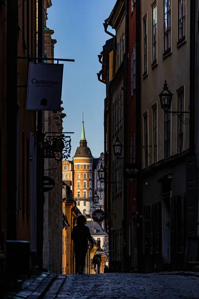 スウェーデンのストックホルムシルエットの女性は ガンラ スタンまたは旧市街の狭い通り Kindstugatanで彼女の犬を歩く — ストック写真