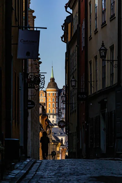 Стокгольм Швеція Жінка Силуеті Ходить Своїм Собакою Вузькій Вулиці Кіндстугатан — стокове фото