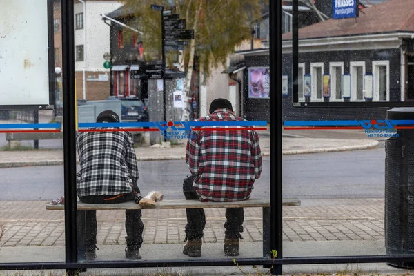 Arjeplog Sweden Two Young Men Sitting Bus Top Wearing Similar — Stock Photo, Image