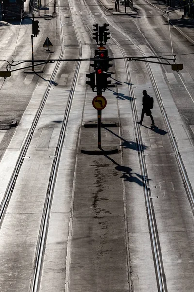 Stockholm Sweden June 2023 Single Man Walking Hamngatan Tram Tracks — Stock Photo, Image