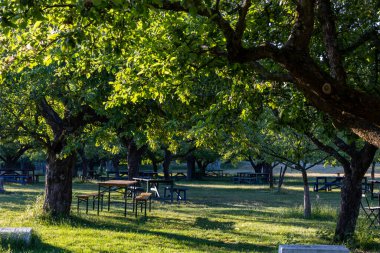 Stockholm, İsveç 27 Haziran 2023 Rosendals Tradgard veya Rosendal Gardens bahçe masaları.