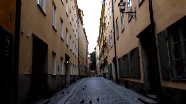 Stockholm, İsveç Eski Şehir 'de dar bir sokak manzarası, ya da şafak vakti Gamla Stan.. 