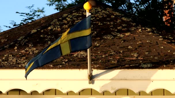 Estocolmo Suecia Una Pequeña Bandera Sueca Sopla Viento Sobre Puerta — Vídeos de Stock
