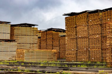 Leksand, İsveç 13 Temmuz 2023 Bergkvist Siljan AB kereste fabrikasında hazır ladin tahtaları.