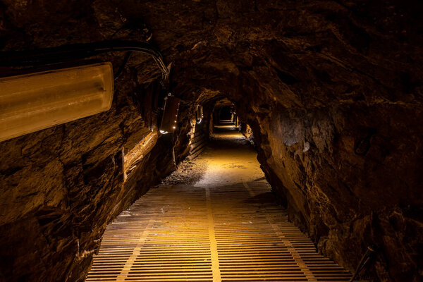 Falun, Sweden July 12, 2023 A mine shaft inside the historical Falun copper mine is now a Unesco World Heritage site and a tourist site.