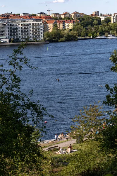Stockholm Sweden July 2023 People Rock Outcropping Grondal District Swimming — Stock Photo, Image
