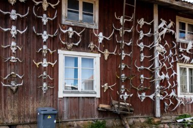Nusnas, İsveç 13 Temmuz 2023 Hayvan boynuzları asılı kırmızı bir ev cephesi.