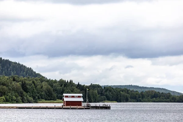 Leksand Svezia Una Vista Sul Lago Siljan Sulla Casa Darsena — Foto Stock