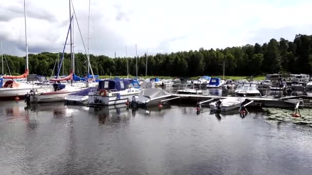 スウェーデンのサンビーホルム マリーナ マラレン湖で楽しいボートでいっぱいの — ストック動画