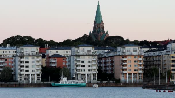Stoccolma Svezia Skyline Dell Isola Sodermalm Chiesa Sofia All Alba — Video Stock