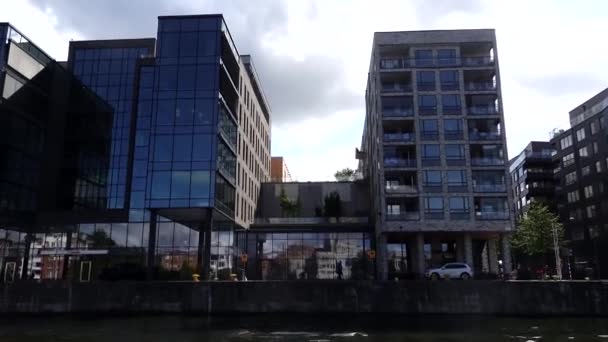 Stockholm Sweden Modern Residential Office Buildings Hammarby District Seen Canal — Stock Video
