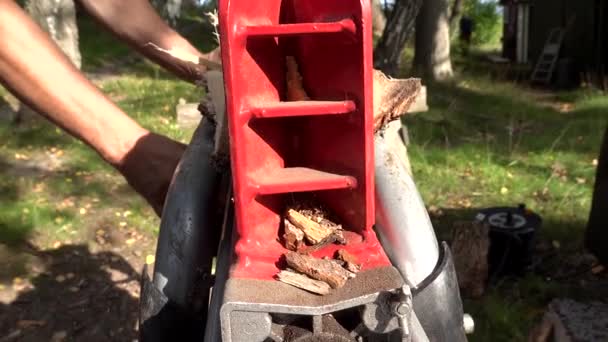ストックホルム スウェーデン 未確認の人は冬のための薪を作るために木製スプリットマシンを使用します — ストック動画