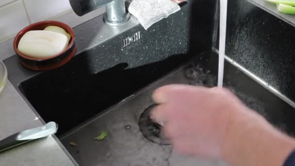 Hombre Limpia Los Tallos Apio Fregadero Cocina Bajo Agua Corriente — Vídeo de stock