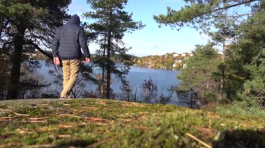 Stockholm, İsveç Vinterviken Parkı 'nda güneşli bir sonbahar gününde bir adam ormanda yürüyor..  