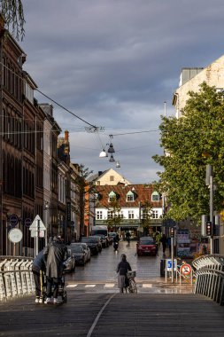 Odense, Danimarka 30 Ekim 2023 Odense Nehri üzerindeki Munke Mose parkında Ny Vestergade caddesine doğru bir köprü manzarası..