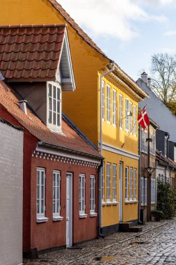 Odense, Danimarka Eski Şehir 'deki klasik ve geleneksel Bangs Kalın Caddesi ve Danimarka bayrağı..