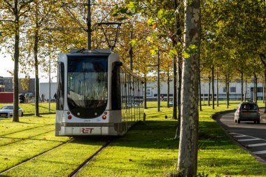 Rotterdam, Hollanda, 11 Kasım 2023 Şehir merkezinde yeşil çimlerin üzerinden bir tramvay geçiyor.