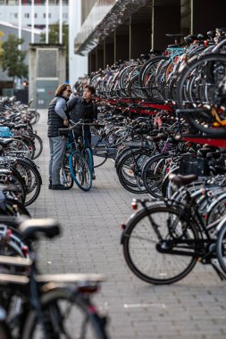 Rotterdam, Hollanda, 11 Kasım 2023 Merkez İstasyonu 'nda park halindeki bisikletlerin arasında bir insan kendi bisikletini bulur..