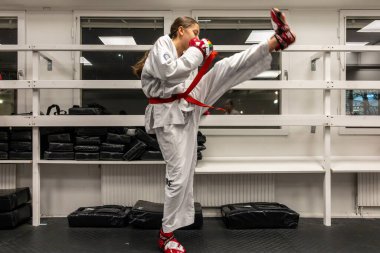 Stockholm, İsveç 12 Kasım 2023 Spor salonunda antrenman yapan genç bir tekvando öğrencisi.