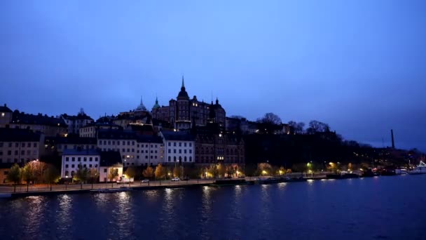 Стокгольм Швеція Ніч Перетворюється День Часовий Пояс Содермаля Над Водою — стокове відео
