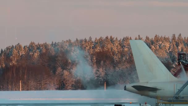 瑞典斯德哥尔摩阿尔兰达机场冻土跑道上的一架飞机被除冰 — 图库视频影像