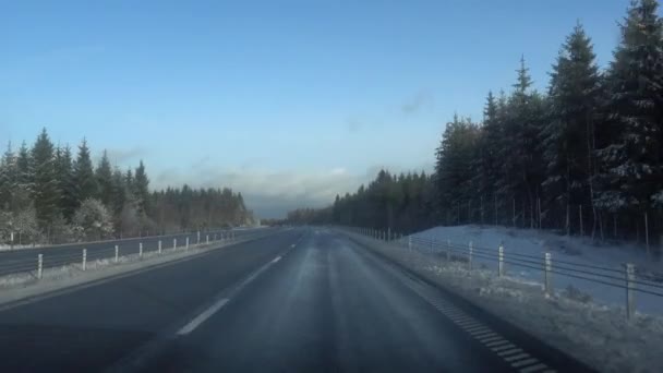 スウェーデンヘルボーグ 冬に雪の高いE4ハイウェイに沿って運転する車 — ストック動画