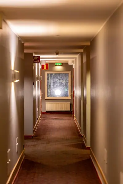 Varnamo, Sweden The interior corridor of a motel.