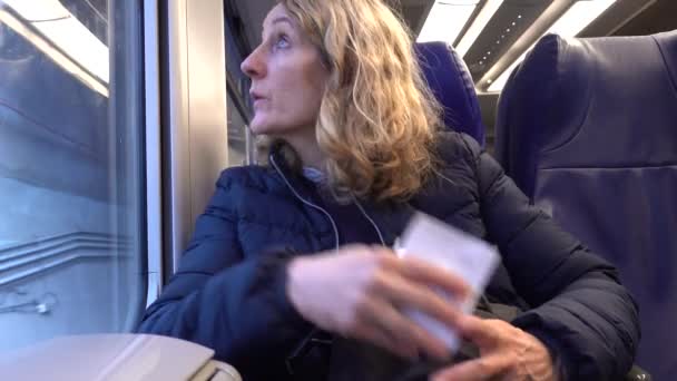 パレルモ シチリア イタリア 移動列車に座っている女性は窓の座席からの田舎の景色を楽しんでいます — ストック動画