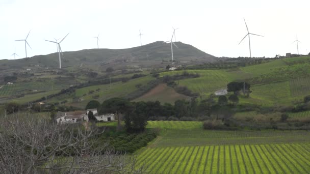 アルカモ シチリア イタリア風力タービンは丘の上に回転 — ストック動画