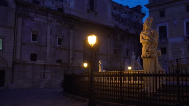 Palermo Sicily Italy Praetorian Fountain Statues Early Morning — Stock Video